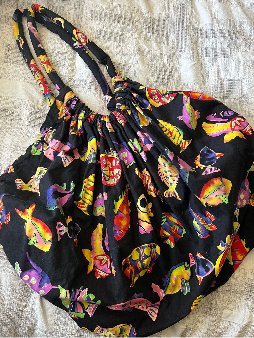 Black Beach Tote with Colorful Fish Print